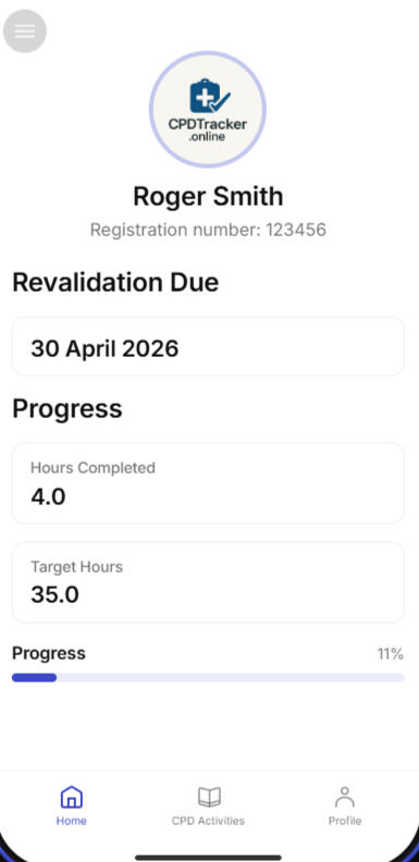 Home page screenshot a screenshot of the app home page featuring the user's name, when their revalidation is due and their progress to completion of their CPD