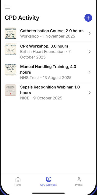 a screenshot of the app home page featuring the user's name, when their revalidation is due and their progress to completion of their CPD